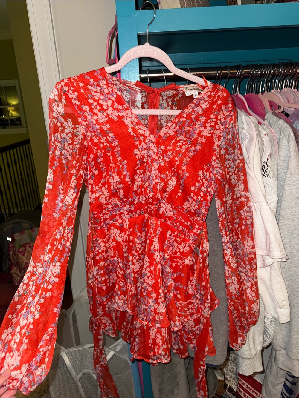 Red Floral V-Neck Tie-Waist romper